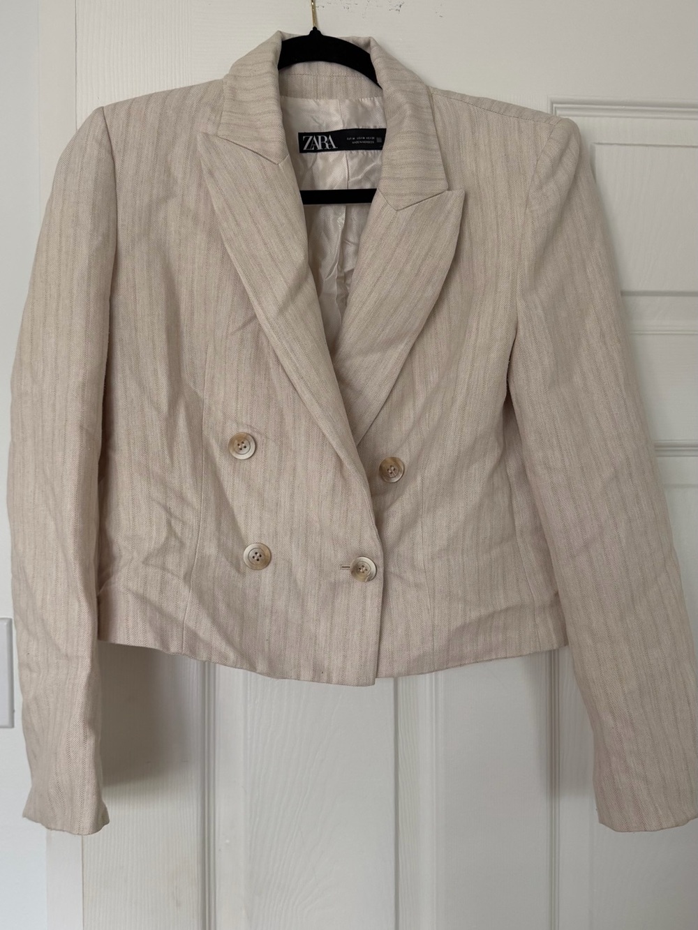 ZARA Cream Double-Breasted Pinstripe Blazer